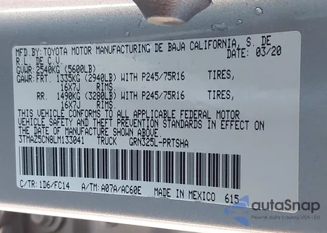 2020 Toyota Tacoma Sr5 V6 z USA, uszkodzony, nr VIN 3TMAZ5CN8LM133041